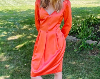 1980s Gillian Satin Cocktail Dress, Peachy Orange Fall Dress, Long Sleeves, Size Small 4 / 6