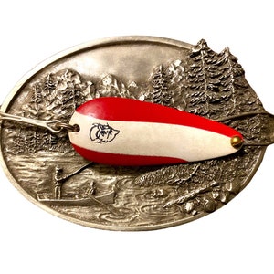 Rare Fishing Bergamot Brass Belt Buckle with Mounted Dardevle Lure, Vintage 1982