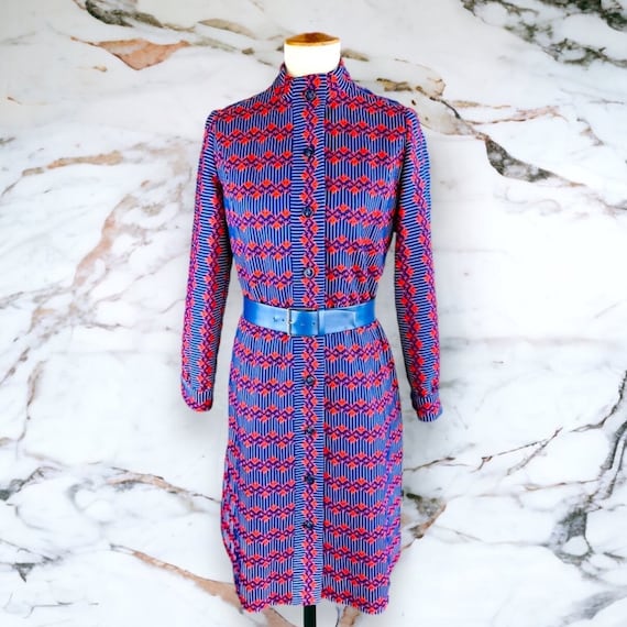 Vintage 1960s Vibrant Blue & Red Orange Designer … - image 1