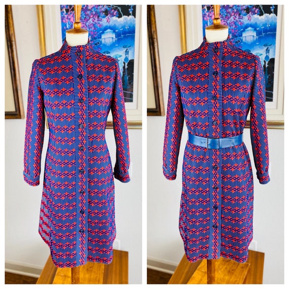 Vintage 1960s Vibrant Blue & Red Orange Designer … - image 2