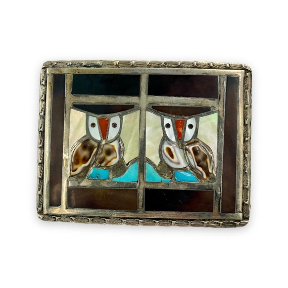 Vintage Signed Zuni Two Owl Silver Belt Buckle Na… - image 1