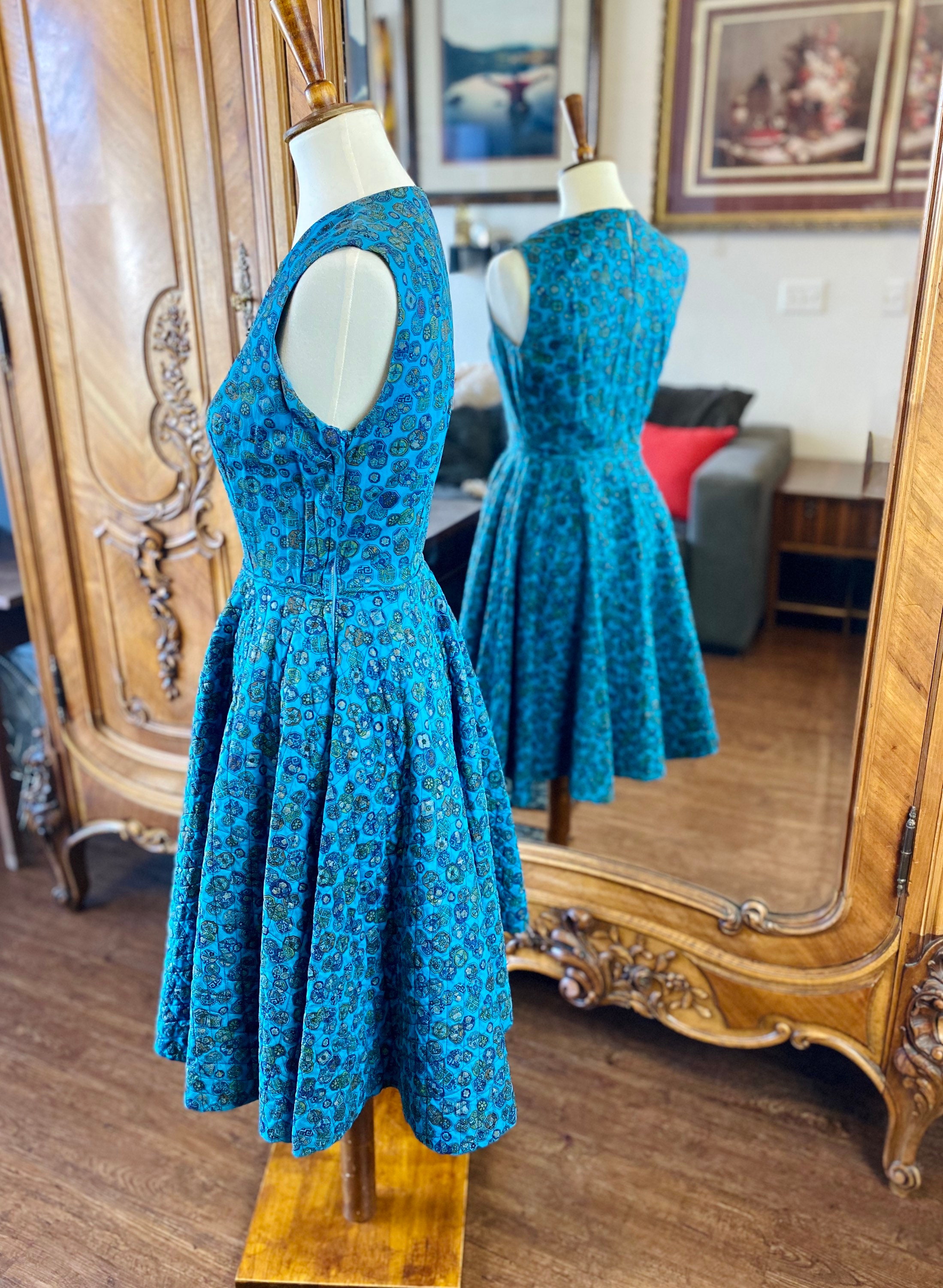 Vintage 50s Blue Floral Rayon Midi Dress Fit and Flare Short Sleeve / S