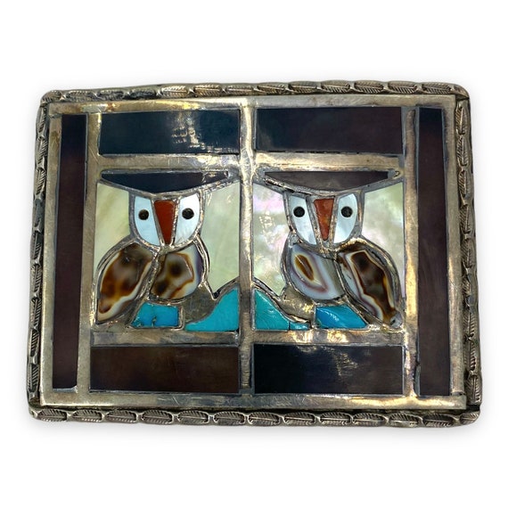 Vintage Signed Zuni Two Owl Silver Belt Buckle Na… - image 3