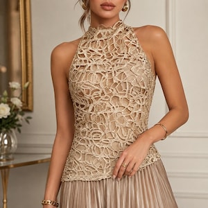Vestido largo bohemio de encaje y crochet sin mangas, cuello redondo, plisado, corte en A, cintura alta, primavera/verano, playa, fiesta, boda, invitada, mujer elegante