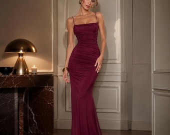 Elegant Backless Mermaid Maxi Dress, Spaghetti Strap Square Neck Gown