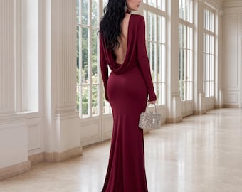 Backless Turtleneck Maxi Dress – Slim Fit A-Line Winter Evening Gown