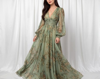 Boho Floral Maxi Dress – Deep V Neck Puff Sleeve Resort Wear