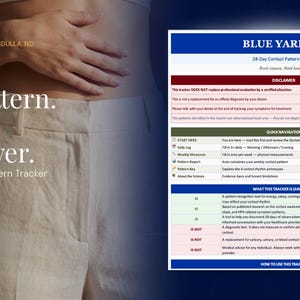 May include: Image features a 28-Day Cortisol Pattern Tracker by Blue Yarrow. The image includes text: "28 days. One pattern. Finally, an answer." A hand rests on a person's abdomen. The tracker's disclaimer and quick navigation are visible.
