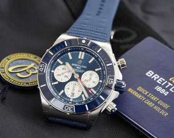 Vintage Breitling Super Chronomat B01 Chronograph Automatic Chronometer Blue Dial Men's Watch