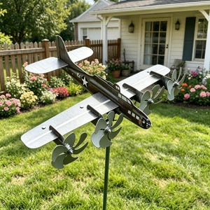 WWII Bomber Airplane Wind Spinner | Metal B-25 Garden Whirligig | Vintage Military Plane Yard Art