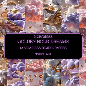 Puede incluir: Una colección de 12 papeles digitales sin costuras con una estética de ensueño. Los diseños presentan nubes esponjosas en tonos de morado, rosa y blanco, acentuadas con detalles dorados y formas de corazón. El texto en la imagen dice "Seamless GOLDEN HOUR DREAMS".