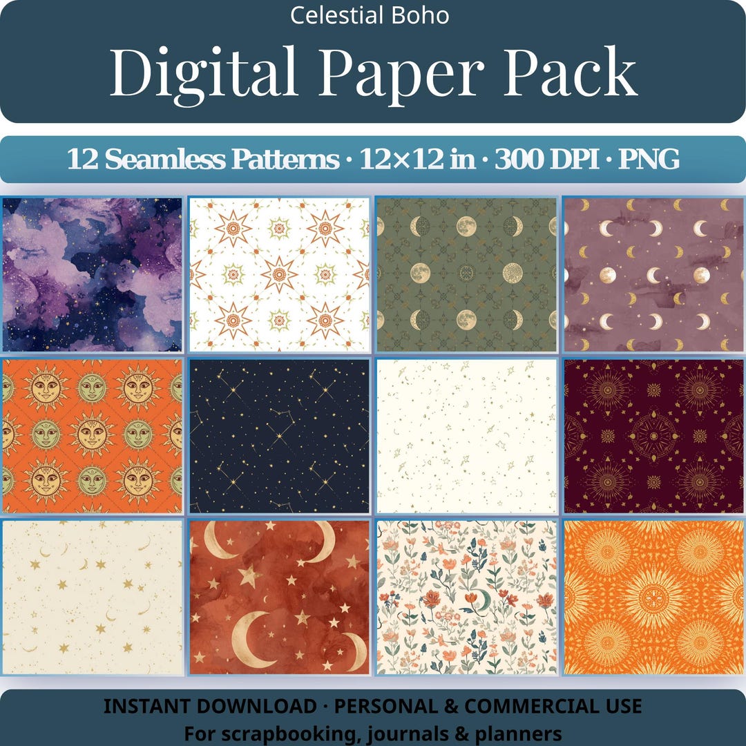 Celestial Boho Digital Paper Pack | 12 Seamless Patterns 12x12 | Moon ...