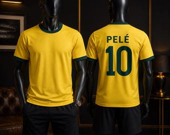 Nuovo set maglia da calcio Pelé Brasile #10 per bambini: kit casa giallo, maglia da calcio retrò, tutte le taglie disponibili per bambini e adulti.