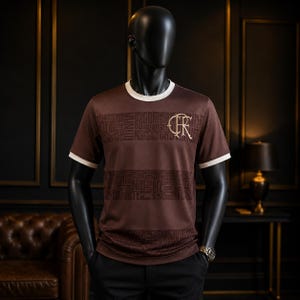 Pu&ograve; includere: T-shirt marrone con finiture bianche su colletto e maniche. La maglietta presenta un motivo a testo ripetuto e un logo dorato sul petto. La maglietta &egrave; esposta su un manichino nero.