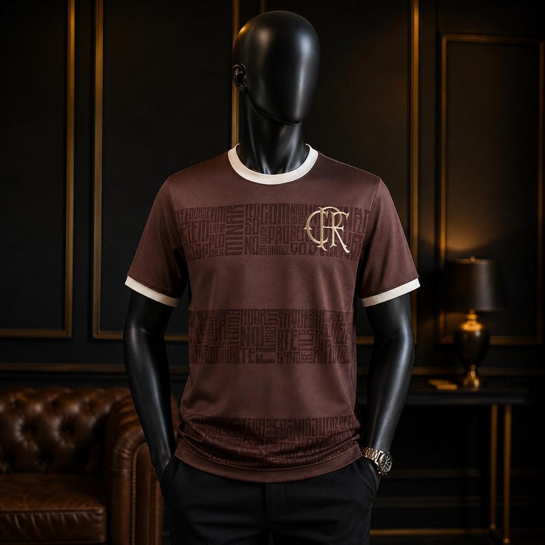 Pu&ograve; includere: T-shirt marrone con finiture bianche su colletto e maniche. La maglietta presenta un motivo a testo ripetuto e un logo dorato sul petto. La maglietta &egrave; esposta su un manichino nero.