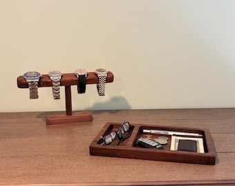 Craftsman Dresser Bundle Large Watch Stand & Valet Tray Walnut Cherry Maple EDC Organizer Set Nightstand Desk Accessory Gift for Him