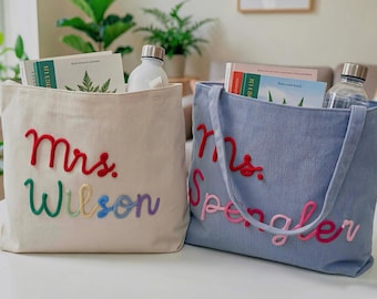 Personalisierte Cord Lehrer Einkaufstasche Wertschätzung Geschenk, Hand häkeln Name Reißverschlusstasche