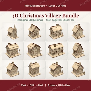 Può includere: Un set di villaggio natalizio 3D composto da 12 edifici originali in legno tagliati al laser con design a incastro. La collezione include varie strutture come una chiesa, un panificio e un ufficio postale, tutte in tonalità legno chiaro.