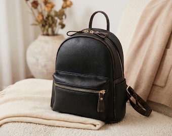 Mini mochila de cuero, pequeña mochila con cremallera, mochila compacta para el día a día, mochila con bolsillo frontal, mochila de viaje.