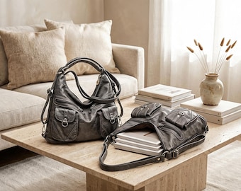 Slouchy Hobo Bag Leather, Leather Shoulder Bag With Front Pocket, Everyday Tote Bag With Adjustable Strap And Handles, Women Crossbody Purse