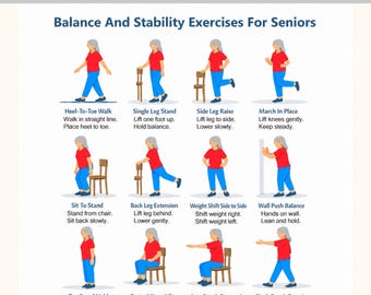 Gentle Balance & Stability Exercises for Seniors Printable | Low Impact Workout Chart PDF