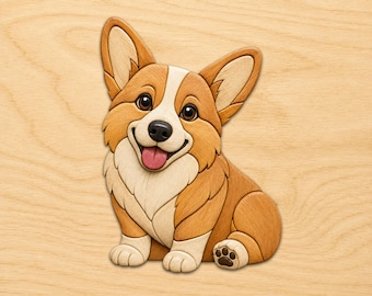 Urocze drewniane wzory intarsji na Corgi, wzory sztuki intarsji na drewnie, wzory na wyrzynarkę w formacie PDF, natychmiastowe pobieranie cyfrowe