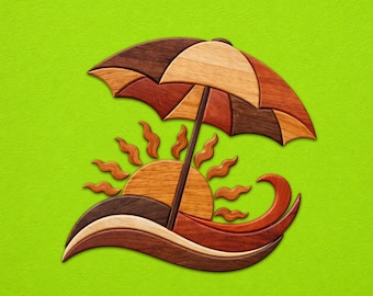 Beach Umbrella Intarsia Wood Patterns, Intarsia Wood Art Patterns, Scroll Saw Patterns Pdf, Instant Digital Download