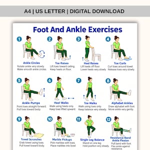 May include: A digital chart titled Foot And Ankle Exercises featuring twelve numbered illustrations of a person in a green shirt and pants performing physical therapy movements, including ankle circles, toe raises, heel walks, and resistance band flexion.