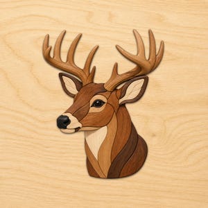May include: A wall-mounted deer head sculpture crafted from various shades of natural wood. The piece features a multi-toned brown finish, detailed antlers, and a dark nose, showcasing intricate wood grain patterns and layered construction.