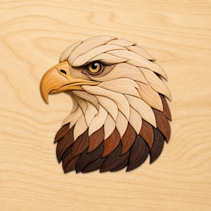 May include: A wooden wall art piece depicting the head of a bald eagle in profile. The artwork is crafted from layered wood segments in varying natural tones, ranging from light cream to medium tan and dark brown, creating a textured feather effect.