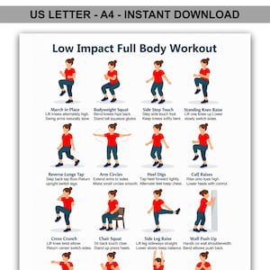 Può includere: Una guida di allenamento stampabile intitolata "Low Impact Full Body Workout" con esercizi illustrati. La guida include esercizi come marcia sul posto, squat a corpo libero, tocchi laterali e sollevamenti del ginocchio in piedi. La guida è progettata per allenamenti a casa.