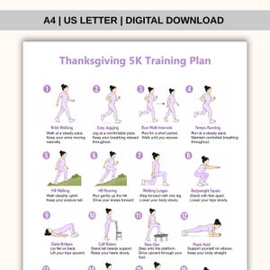 May include: A digital Thanksgiving 5K Training Plan document featuring twelve numbered exercise illustrations. Each section displays a person in light purple athletic wear performing movements like brisk walking, jogging, lunges, squats, and planks with text.