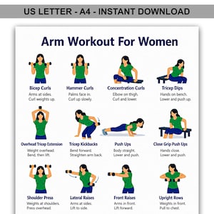 Op de afbeelding: Een afdrukbare workoutgids getiteld "Arm Workout For Women" met illustraties van armoefeningen zoals biceps curls, triceps dips en push-ups. Direct downloaden voor thuisworkouts.