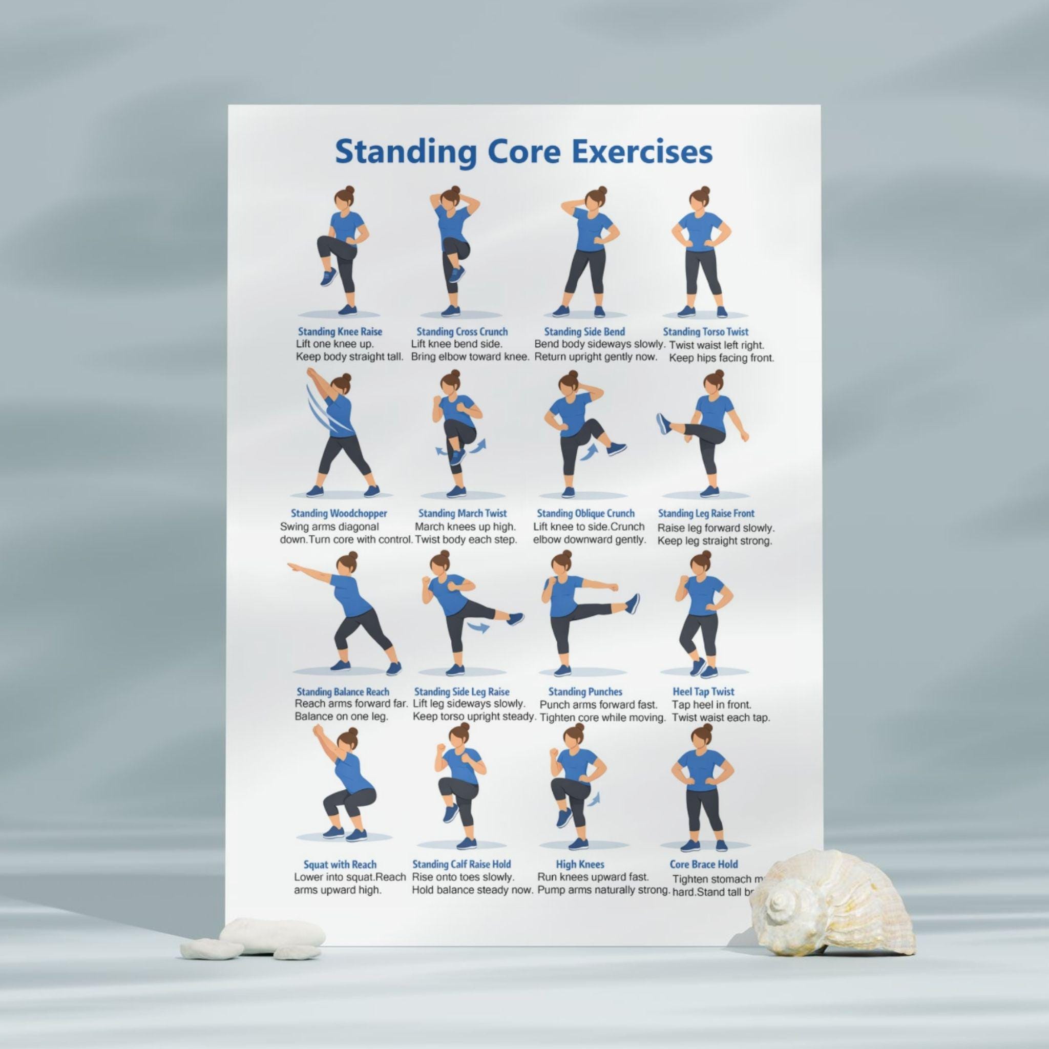 Standing Core Exercises Printable | Gentle Ab & Oblique Workout Chart ...