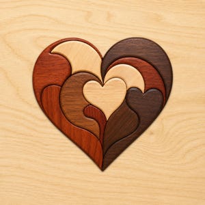 May include: A heart-shaped wooden puzzle composed of interlocking pieces in various natural wood tones, including light cream, medium reddish-brown, and dark brown. The smooth, polished segments fit together to form a solid, cohesive heart shape.