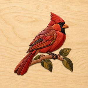 May include: A wooden intarsia wall art piece depicting a cardinal bird perched on a branch. The bird features vibrant red and orange wood tones with black accents around the eyes and beak. The branch is brown with green leaves.