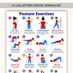 Può includere: Un poster digitale scaricabile intitolato Posture Exercises che presenta sedici illustrazioni numerate di una persona con maglietta rossa e pantaloni blu che esegue vari esercizi fisici con istruzioni testuali, inclusi A4 e US Letter.