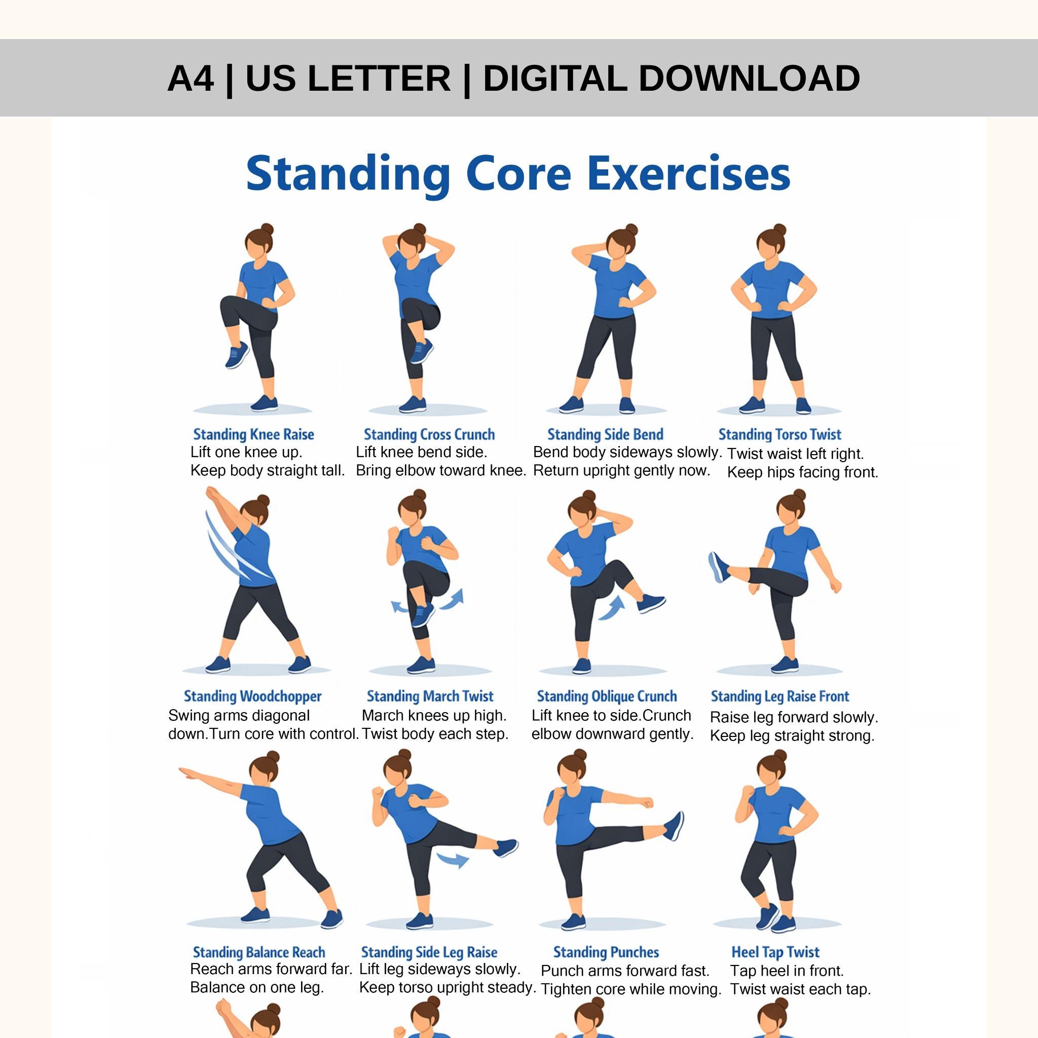 Standing Core Exercises Printable | Gentle Ab & Oblique Workout Chart ...