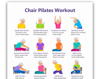 Seated Chair Pilates Workout Poster | Full Body Core, Strength, Flexibility (PDF Download)