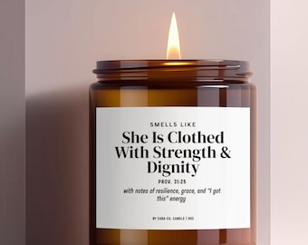 Christian Woman Gift, Proverbs 31, Faith Based Mom, Christian Home Decor, Bible Verse Gift, Religious Friend Candle, Strength and Dignity