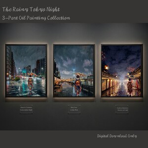 以下が含まれることがあります： 「The Rainy Tokyo Night」と題された3部構成の油絵コレクション。 各額装されたアートワークは、さまざまな東京の風景の中で、雨の中を傘を持って歩く芸者を表現しています。 絵画は鮮やかな色と詳細な都市景観が特徴です。