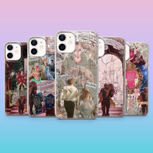 May include: A collection of five phone cases with romantic fairytale-themed designs. Each case features illustrations of couples, castles, and text like "Magnificent North Be Here" and "Once Upon a Broken Heart". The cases have a clear, glossy finish.