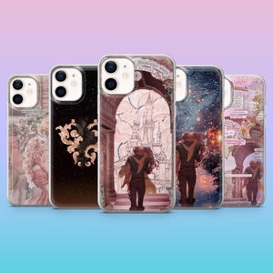 May include: A collection of phone cases with various designs. One case features a couple embracing in front of a castle, another has a floral design, and others have illustrations with text. The cases are clear with colorful artwork.
