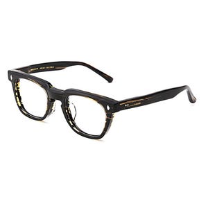 May include: Eyeglasses with a thick black frame featuring a tortoiseshell pattern on the inner rims and temples. The rectangular lenses are clear. The frame has a prominent bridge and two small silver rivets on each side of the front frame.