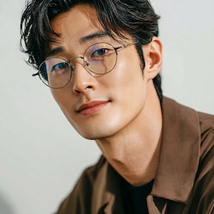 May include: Round-framed eyeglasses with thin, dark metal rims and clear lenses. The frames feature a minimalist bridge and slender temples, providing a lightweight structure that sits comfortably on the face with a classic, circular lens shape.