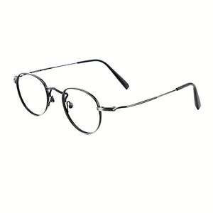 May include: A pair of round eyeglasses with a thin, dark metallic frame. The glasses feature clear lenses, slender temples, and adjustable nose pads. The design is lightweight with a simple, functional structure and curved temple tips for a secure fit.