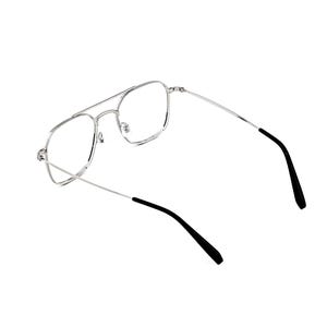 May include: Silver-toned aviator-style glasses featuring a thin metal frame with a double bridge design. The clear lenses are framed in a geometric shape, and the slender temples are finished with black plastic tips at the ends for comfort.