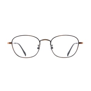 May include: Eyeglasses with a thin, dark brown metal frame and clear lenses. The round lenses are surrounded by a thin, dark frame with a subtle pattern. The temples have a gold-coloured accent.