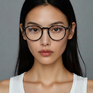 May include: A woman wearing black round-framed eyeglasses. The glasses have a classic design with a thin frame. The woman has long, dark hair and is wearing a white tank top. The background is a solid gray.