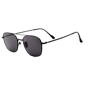 May include: Black sunglasses featuring a thin metal frame with a double bridge design. The lenses are dark gray and semi-transparent, housed within rounded square rims. The temples are slender and black, extending to curved tips for a secure fit.